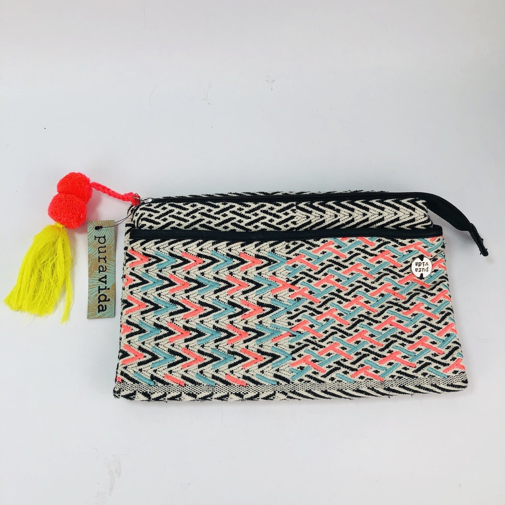 Pura Vida Embroidered Clutch Bag Costa Rica Handmade Boho Geometric Pom Tassel